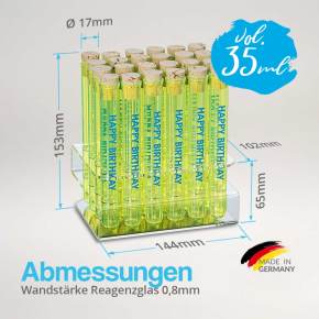 Abmessungen Trinkglas personalisiert zum Geburtstag mit Reagenzglashalter aus Acryl