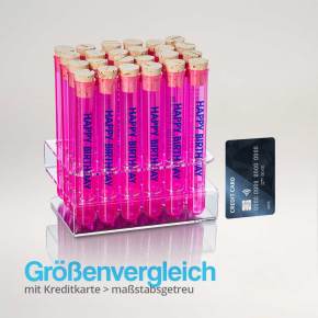 Größenvergleich Party Shotglas pink mit transparentem Reagenzglashalter aus Kunststoff