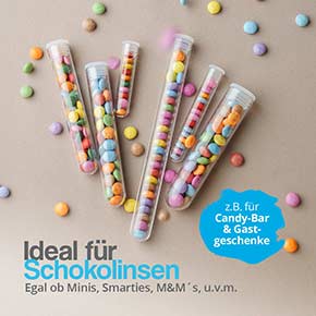 Kunststoff Reagenzgläser mit flachem Lamellenverschluss, gefüllt mit Schokolinsen, als kreative Verpackung für Candy Bar und Gastgeschenke