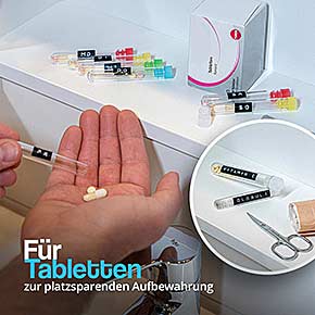 Praktische Kunststoffröhrchen für Tabletten - ideal für die Reise und übersichtliche Lagerung.