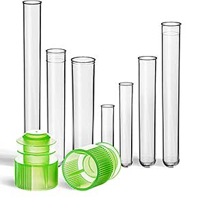 Kunststoff Reagenzgläser in verschiedenen Größen mit Verschluss-Stopfen in grün