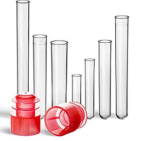 Kunststoff Reagenzgläser in verschiedenen Größen mit Verschluss-Stopfen in rot