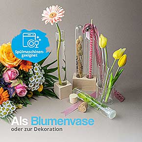 Reagenzgläser als trendige Blumenvasen – perfekt für Frischblumen und Trockenblumen Arrangements.