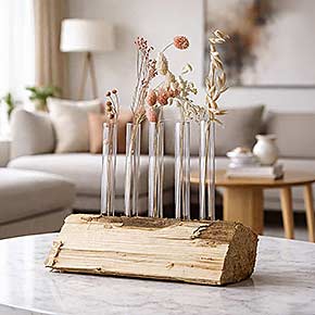 Reagenzgläser in Holzhalterung dekoriert mit Trockenblumen als moderne Wohnraumdeko