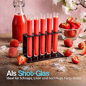 Shotgläser im Reagenzglas-Design mit Erdbeerlikör und frischen Erdbeeren – Partygläser für Schnaps, Likör und Shots