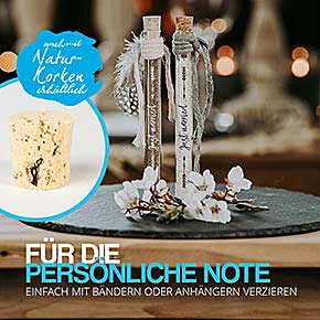 Bedrucktes Reagenzglas mit Press-Korken - just married - individuell Gestaltungsmöglichkeiten