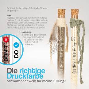 Bedrucktes Reagenzglas 160x16mm mit Presskorken und Schriftzug - our story starts today