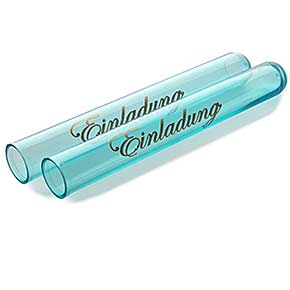 Reagenzglas blau mit Aufdruck Einladung und Korken
