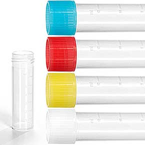 Kunststoff-Reagenzglas 57x16,5mm mit Schraubverschluss in weiß, gelb, rot und blau