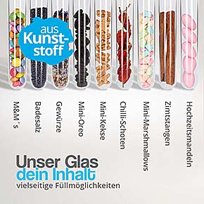 Reagenzglas aus Kunststoff mit Rundboden 100x21 mit Griffkorken 25 Stück - Füllmöglichkeiten