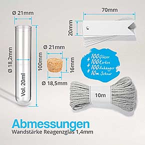Reagenzglas aus Kunststoff mit Rundboden 100x21 mit Griffkorken 100 Stück - Abmessungen