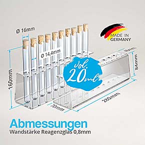 10-Loch Reagenzglashalter aus Acryl mit Reagenzgläsern 160x16mm - Abmessungen