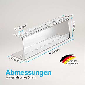 10-Loch Reagenzglashalter aus Acryl für 18mm Reagenzgläser - Abmessungen