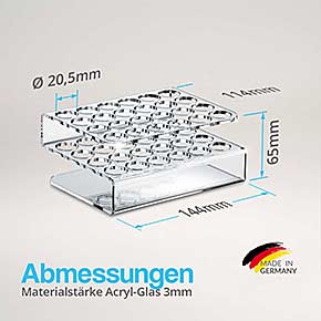 24-Loch Reagenzglashalter aus Acryl 20,5mm ohne Gläser - Abmessungen