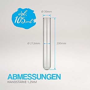 Abmessungen - Reagenzglas aus Laborglas 200x30mm