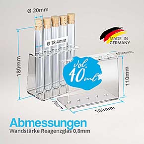 5-Loch Reagenzglashalter aus Acryl mit Reagenzgläsern 180x20mm - Abmessungen