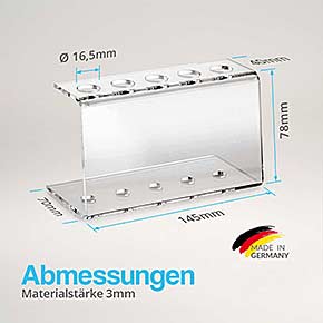 5-Loch Reagenzglashalter aus Acryl für 16mm Reagenzgläser - Abmessungen