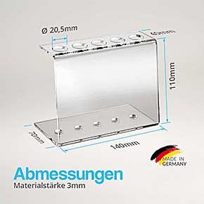 5-Loch Reagenzglashalter aus Acryl für 20mm Reagenzgläser - Abmessungen