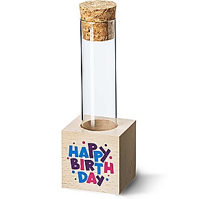 Reagenzglasständer aus Holz mit Happy Birthday Druck – kreative Verpackung für Geldgeschenke