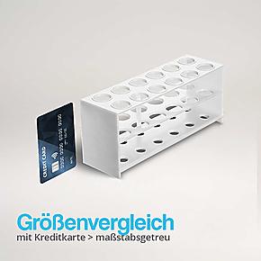 eagenzglashalter 12-Loch Ø19,5 mm aus Kunststoff im Größenvergleich mit Kreditkarte