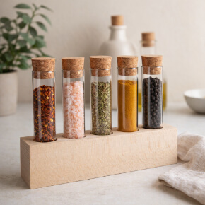 Holz Gewürzboard mit Glasröhrchen und Korkverschluss – stilvolle Gewürzaufbewahrung für Küche und Esstisch