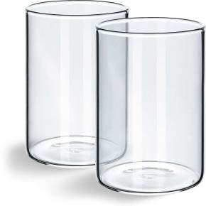 Zwei extragroße Windlichtgläser, Größe 175 x Ø 120 mm, ideal für große Kerzen oder als stilvolles Dekoelement, aus robustem, hitzebeständigem Borosilikatglas.