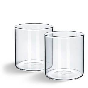 Zwei kleine breite Windlichtgläser, Größe 70 x Ø 65 mm, aus klarem Glas, perfekt für Votivkerzen oder als dekoratives Kerzenglas.