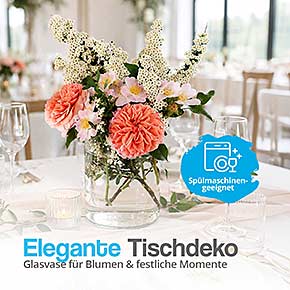 Hohes Glasgefäß 175 x Ø 120 mm als elegante Vase mit Blumenarrangement für festliche Tischdeko.