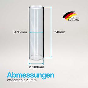 Glasrohr mit einer Höhe von 350 mm, einem Durchmesser von 100 mm und einer Wandstärke von 2,5 mm