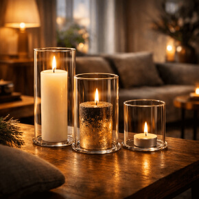 Modernes Glas-Windlicht für Stumpenkerzen und Teelichter – stilvolle Wohnraumbeleuchtung mit zeitloser Optik