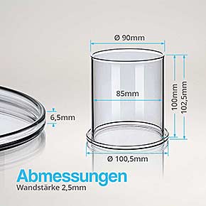 Abmessungen - Windlichtglas 100x90 mit Glas-Untersetzer