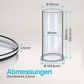 Abmessungen - Windlichtglas 200x90 mit Glas-Untersetzer