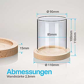 Abmessungen - Windlichtglas 100x90 mit Holz-Untersetzer