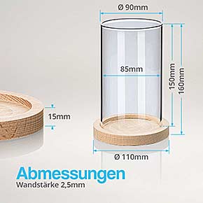Abmessungen - Windlichtglas 150x90 mit Holz-Untersetzer