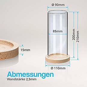 Abmessungen - Windlichtglas 200x90 mit Holz-Untersetzer