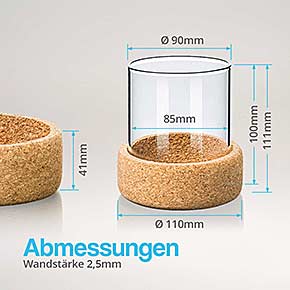 Abmessungen - Windlichtglas 100x90 mit Presskorken-Untersetzer