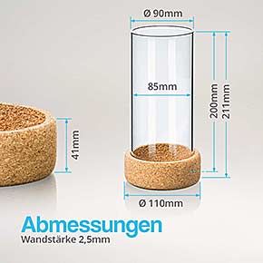 Abmessungen - Windlichtglas 200x90 mit Presskorken-Untersetzer