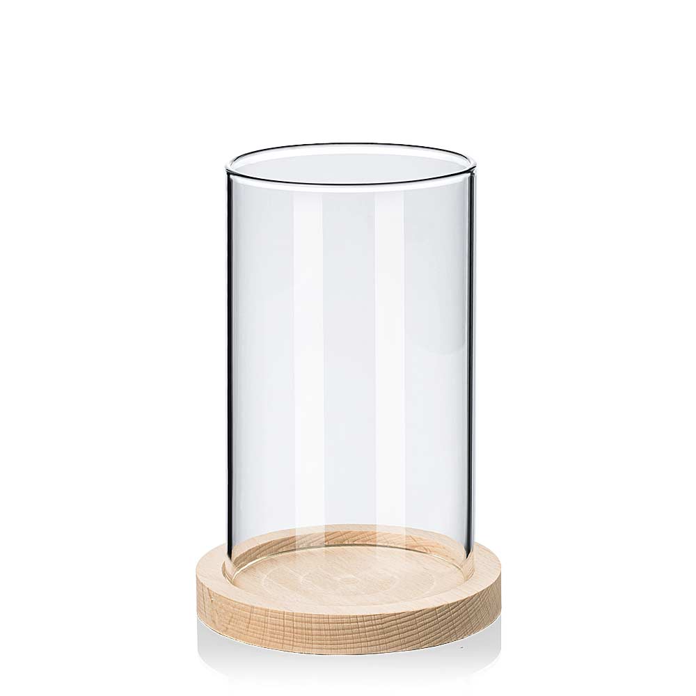 Windlichtglas ohne Boden mit Holz Untersetzer 150x90mm