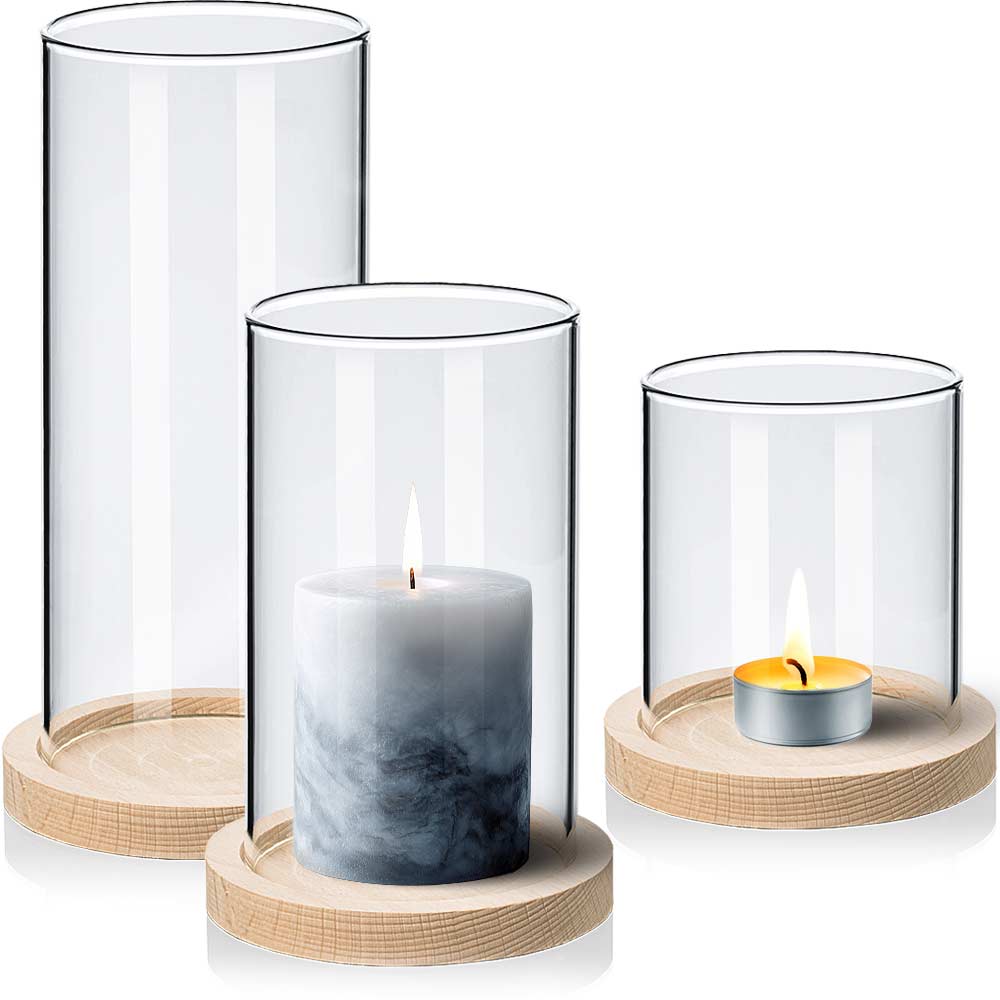 Windlicht Glaszylinder ohne Boden mit Holzsockel – dekoratives Kerzenglas für Wohnraum und Tischdekoration