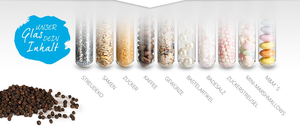 Unser Glas - Dein Inhalt - Reagenzglasfüllungen mit Streudeko, Samen, Zucker, Kaffee, Gewürzen, Bastelartikeln, Badesalz, Zuckerstreuseln, Mini-Marschmallows und M-und-M's