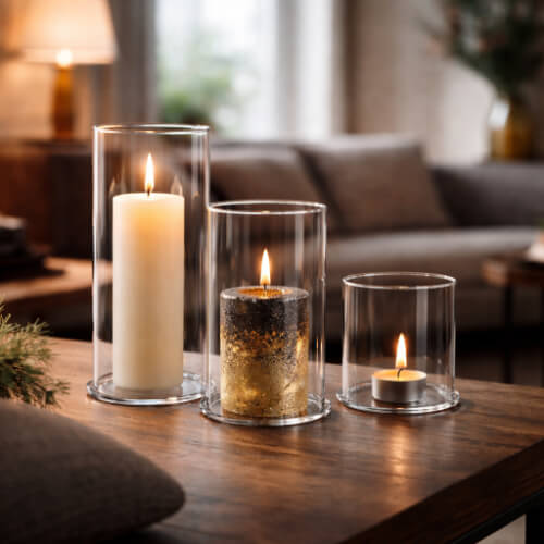 Dekoratives Windlichtglas mit Stumpenkerze und Teelicht im Indoorbereich